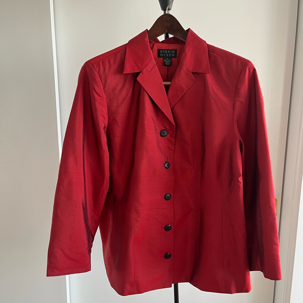 Sigrid Olsen 100% Silk Stunning Blood Red Blazer Jacket Women's Lined Sz 14